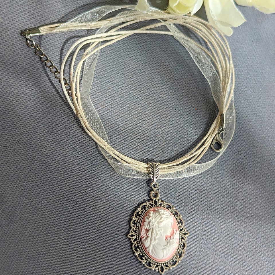 Pink Cameo Necklace with Ribbon Choker, Cameo Jewelry, Victorian Bridal Jewelry, Unique Gifts for Women