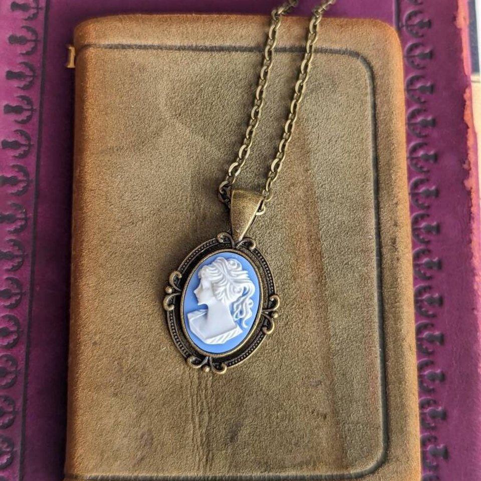 Blue Cameo Necklace, Vintage Style Cameo Jewelry