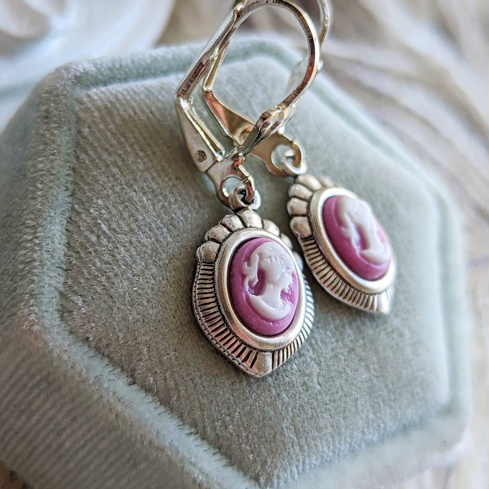 Blue Cameo Earrings, Silver Victorian Earrings, Cameo Jewelry, Historic Wedding Jewelry, Vintage Style Something Blue for Bride Earrings
