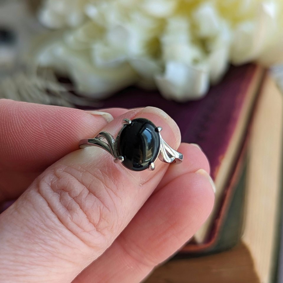 Onyx Sterling Silver Ring, Black Gemstone Jewelry, Adjustable Size Ring, Elegant Gift for Girlfriend, Crystal Lover, Goth