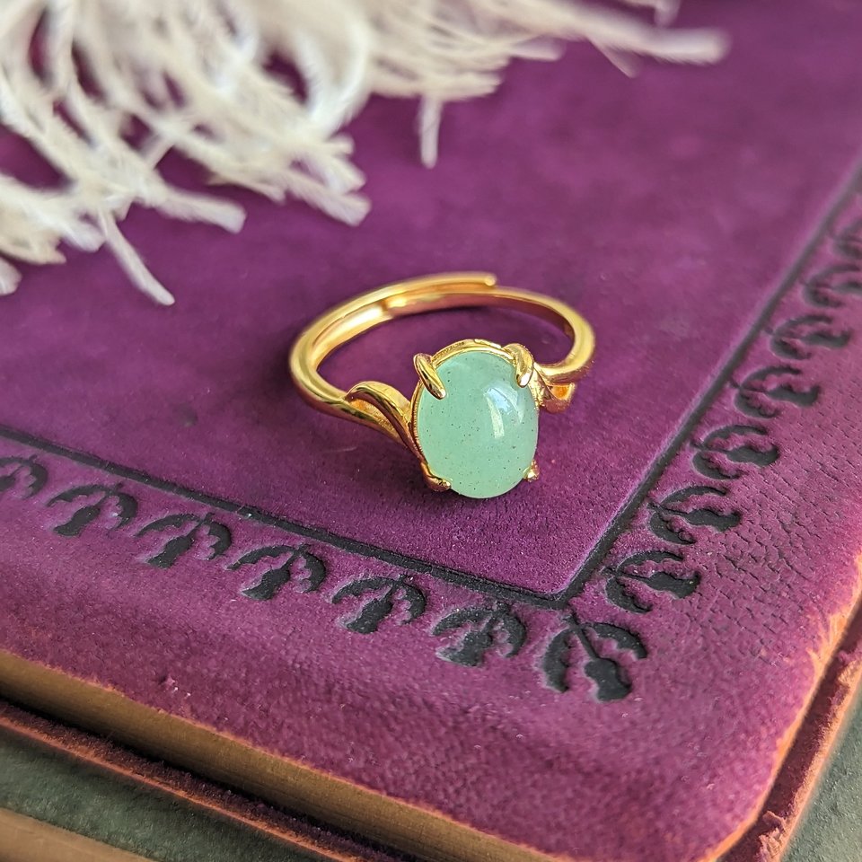 Natural Aventurine Ring, Gold Vermeil 925 Sterling Silver Ring, Semiprecious Gemstone Jewelry, Adjustable Size