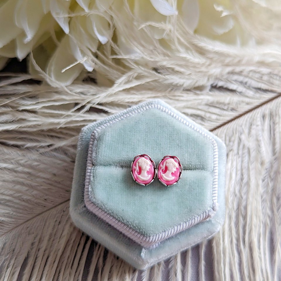 Red & White Cameo Post Earrings, Stainless Steel Hypoallergenic Posts