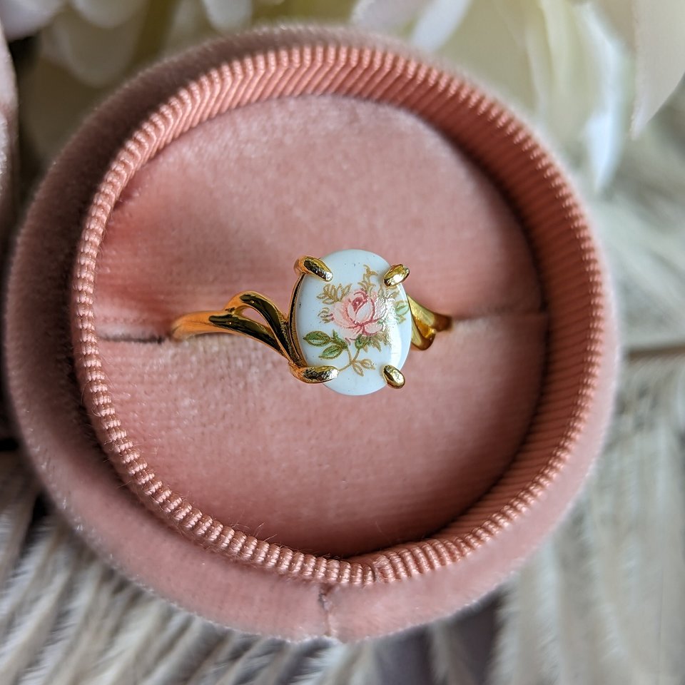 Pink Flower Limoges Style Ring, Gold Vermeil over 925 Sterling Silver Ring, Victorian Cameo Jewelry, Adjustable size, Gift For Her