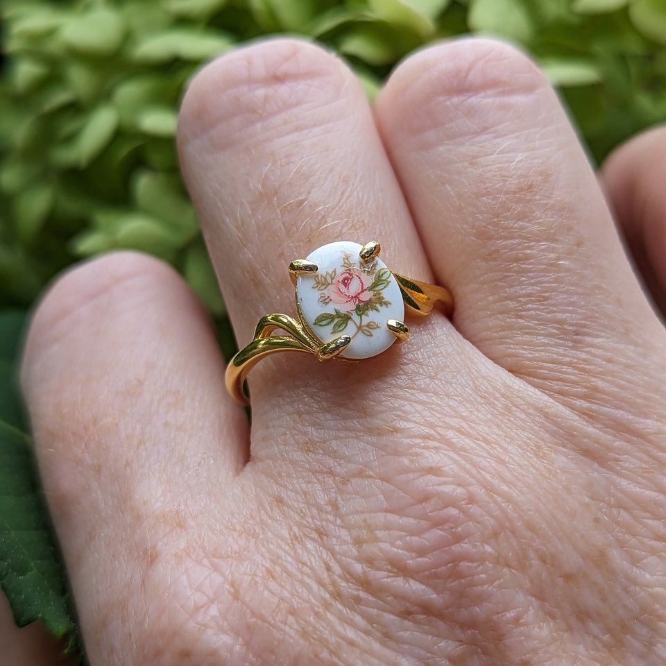 Pink Flower Limoges Style Ring, Gold Vermeil over 925 Sterling Silver Ring, Victorian Cameo Jewelry, Adjustable size, Gift For Her
