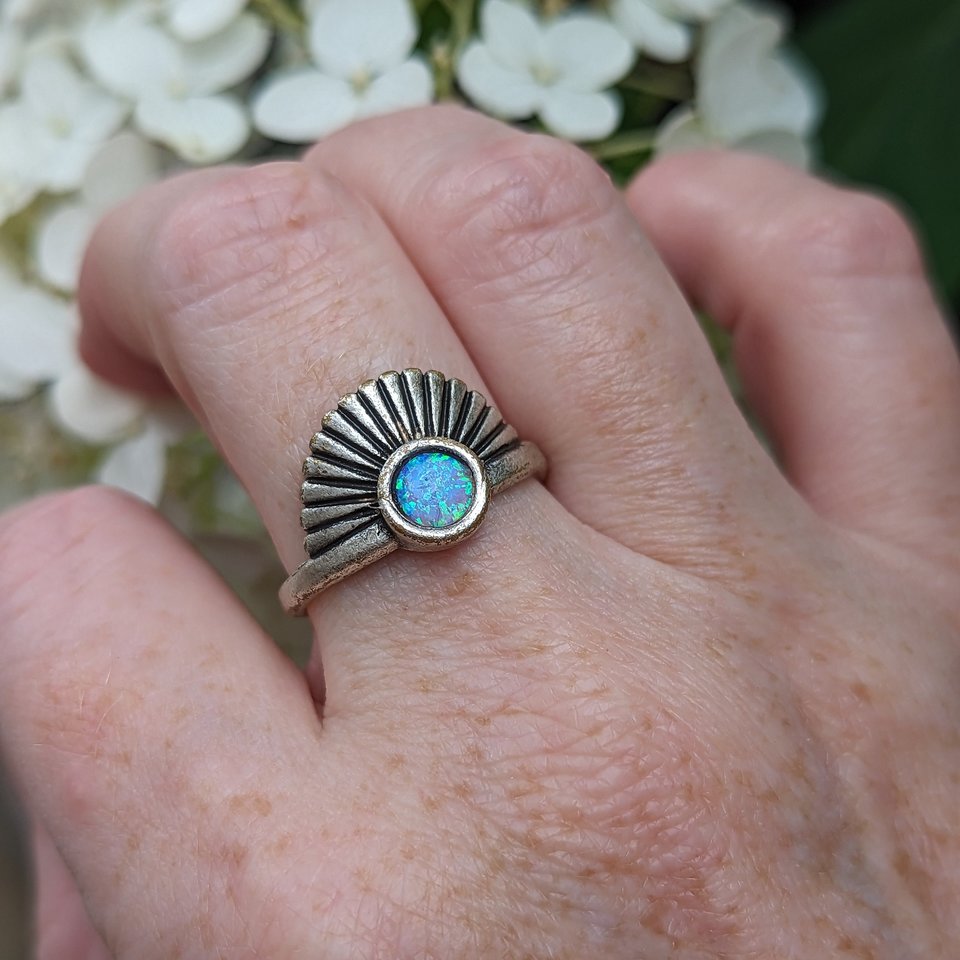 Blue Opal Ring, Art Deco Ring, Man-Made Opal, Adjustable Size, Gold or Silver Finish