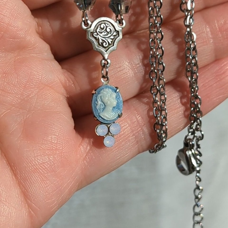 Tiny Blue Cameo Necklace with Rosewater Opals, Vintage Style Pendant, Shabby Chic, Gift for Her, Dainty Necklace, Regency Era
