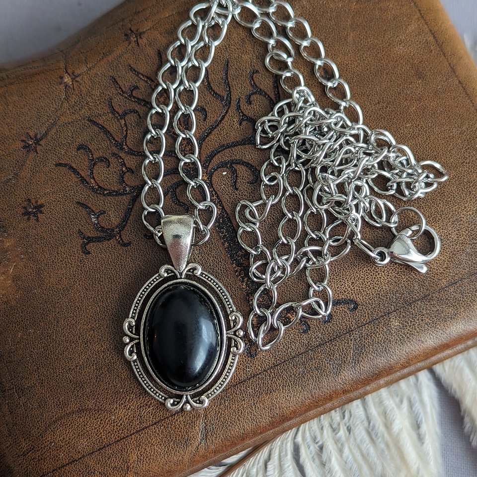 Mens Obsidian Pendant with Curb Chain, Black Gemstone Jewelry Gift for Him