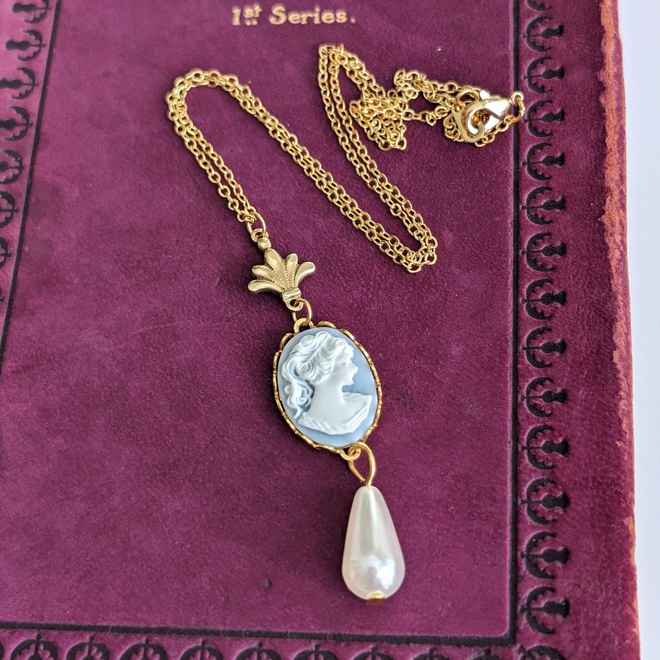 Blue Cameo Necklace with Pearl, 14K Gold Plated Historical Costume Jewelry, Romantic Vintage Inspired Pendant, Gift for Wife