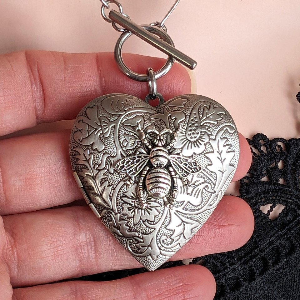 Heart Locket Toggle Necklace, Flat Paperclip Chain Choker, Silver Floral Design, Bee Jewelry, Valentines Gift for Girlfriend