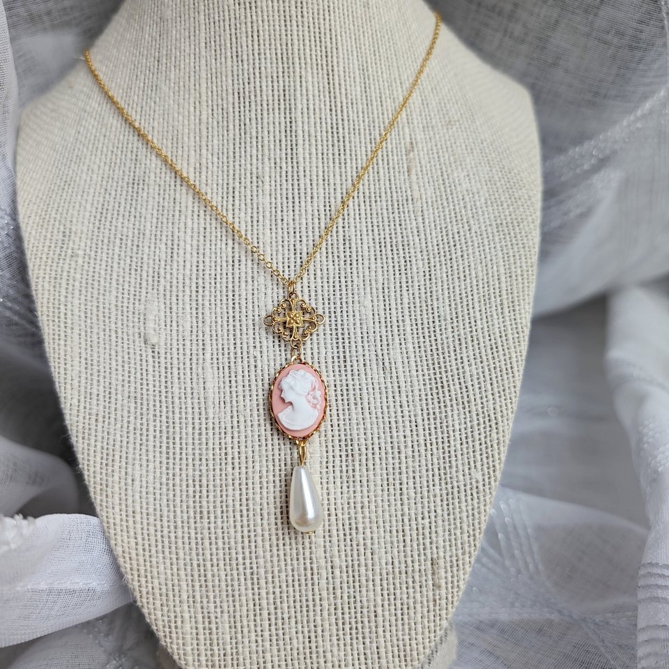 Pink Cameo Pearl Necklace, 14K Gold Plated, Historical Costume Jewelry, Romantic Vintage Inspired Pendant, Gift for Wife