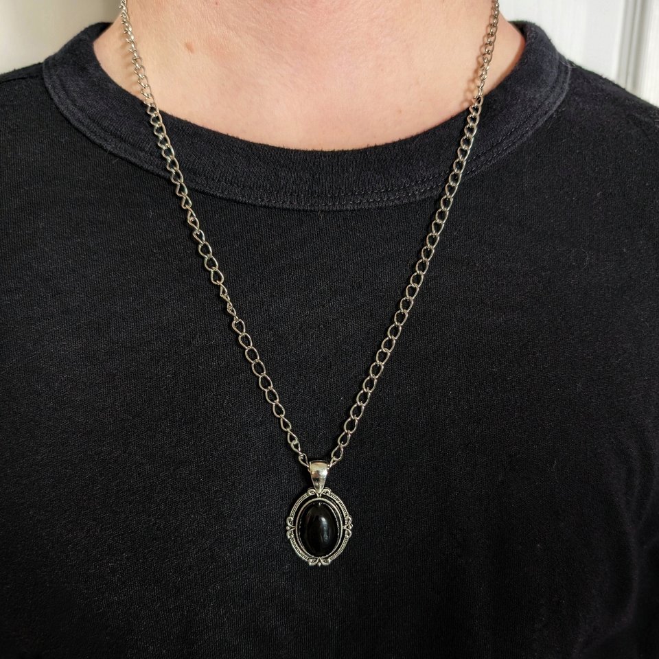 Obsidian Pendant Necklace for Men: Antiqued Silver, Curb Chain
