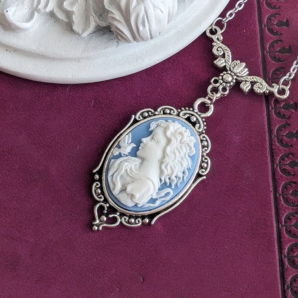 Blue & White Lady Cameo Necklace, Handcrafted Statement Jewelry, Victorian Inspired Accessory, Unique Gift for Her