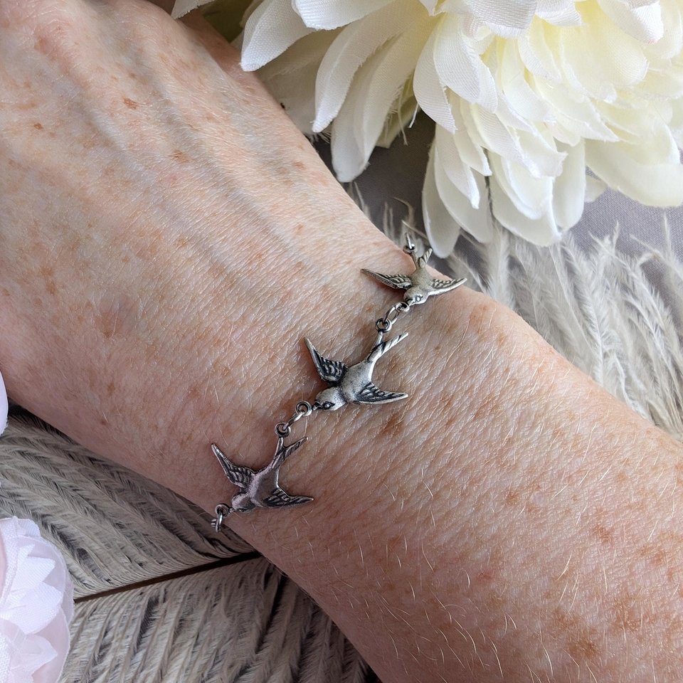 Silver Swallow Bird Bracelet: Dainty Trio Jewelry, Minimalist Style