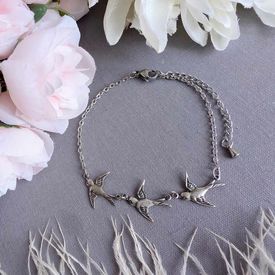 Silver Swallow Bird Bracelet: Dainty Trio Jewelry, Minimalist Style