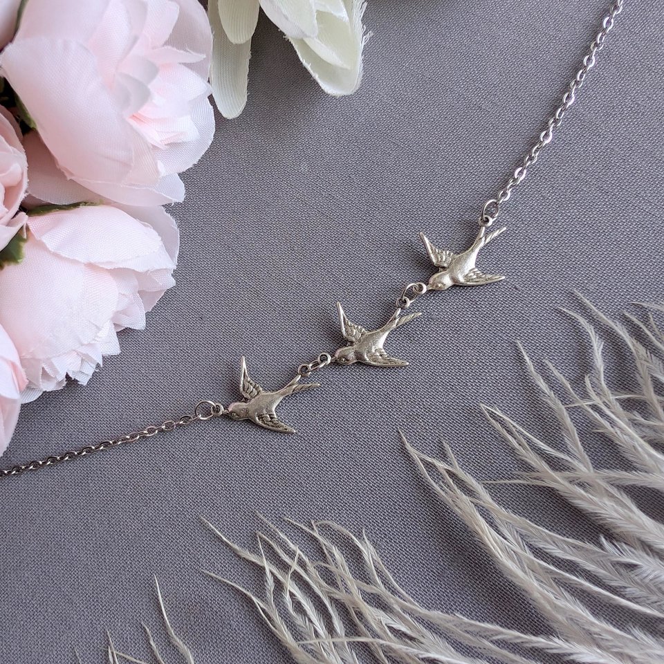 Silver Swallow Bird Bracelet: Dainty Trio Jewelry, Minimalist Style