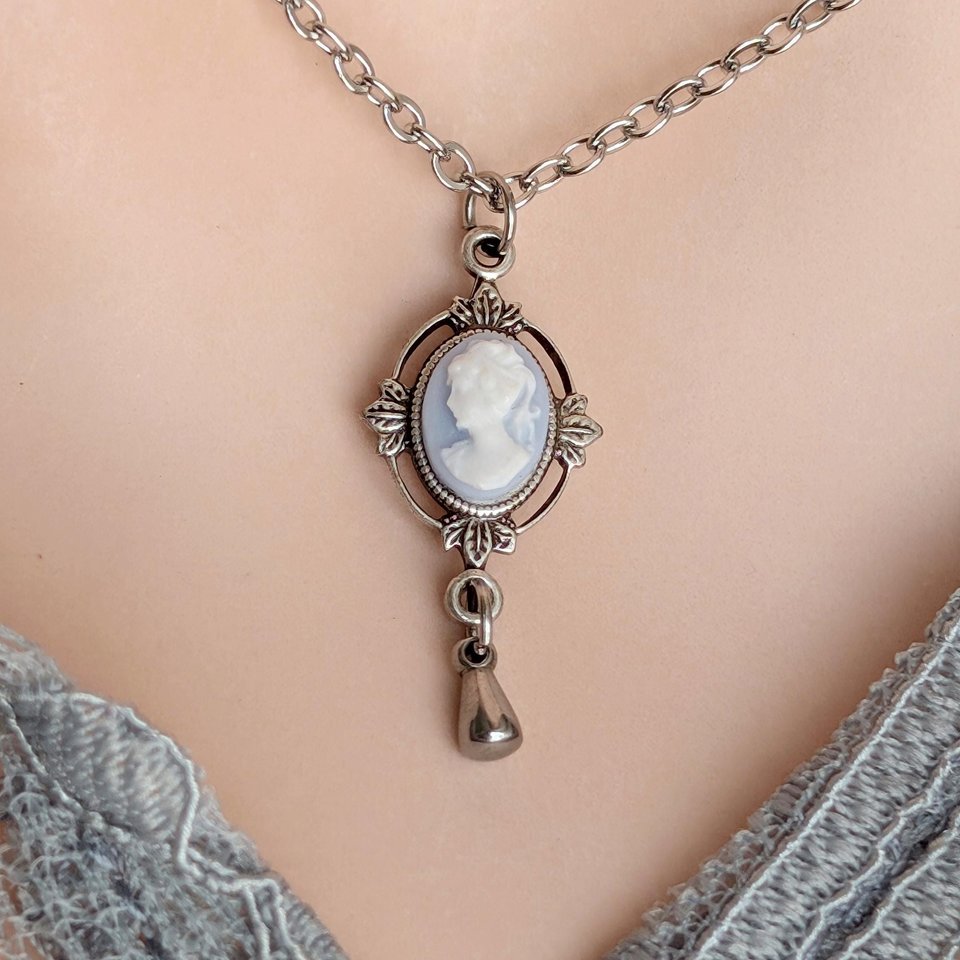 Dainty Blue & White Cameo Necklace, Silver Vintage Leaf Design Pendant, Victorian Style Jewelry, Historical Costume