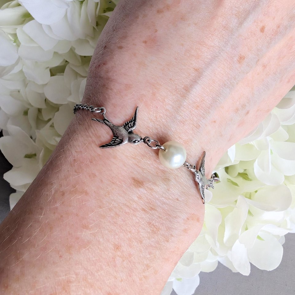 Silver Swallow Bracelet: Glass Pearl Bird Jewelry with Toggle Clasp