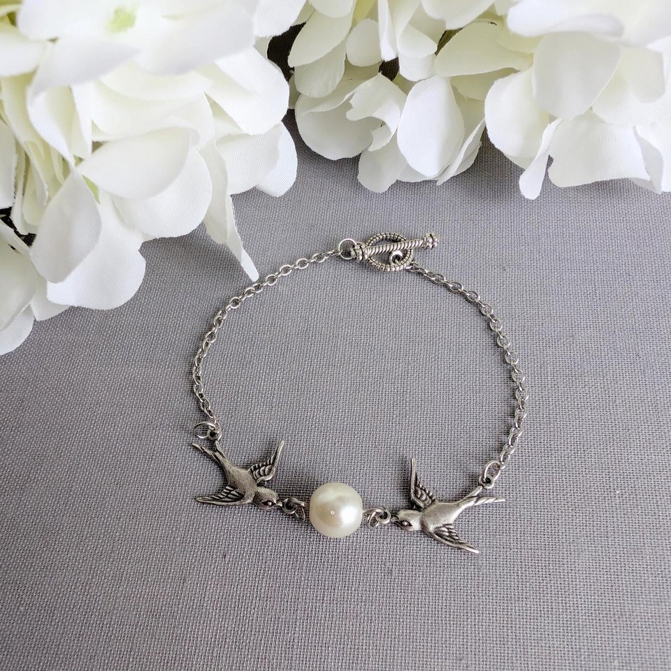 Silver Swallow Bracelet: Glass Pearl Bird Jewelry with Toggle Clasp