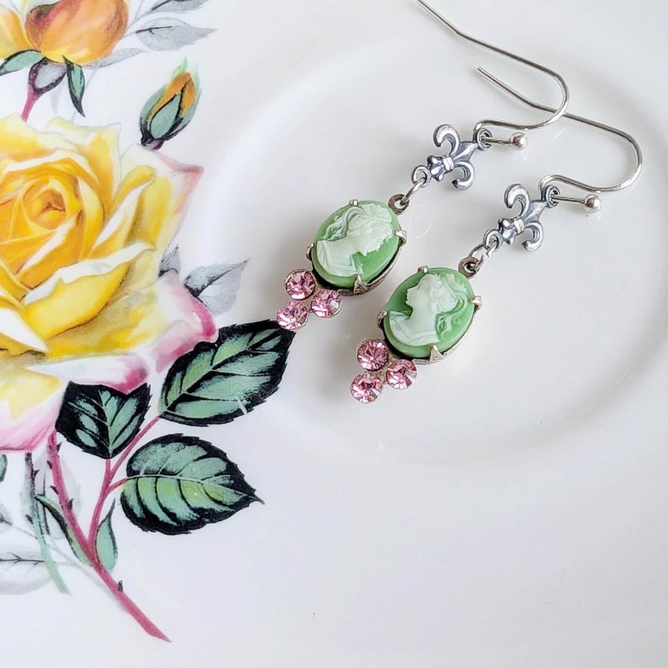 Green Cameo Earrings with Fleur de Lis and Pink Crystals, Vintage Style Jewelry Gift