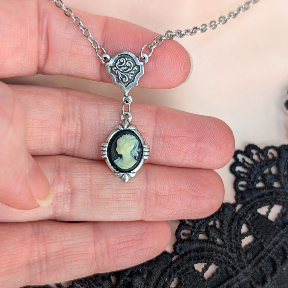 Dainty Cameo Necklace: Art Deco Silver Pendant, Vintage Style Gothic Jewelry