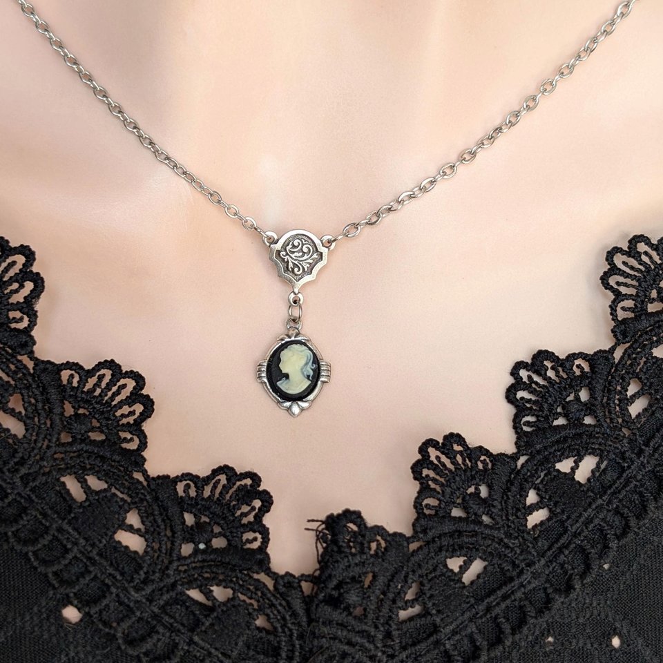 Dainty Cameo Necklace: Art Deco Silver Pendant, Vintage Style Gothic Jewelry