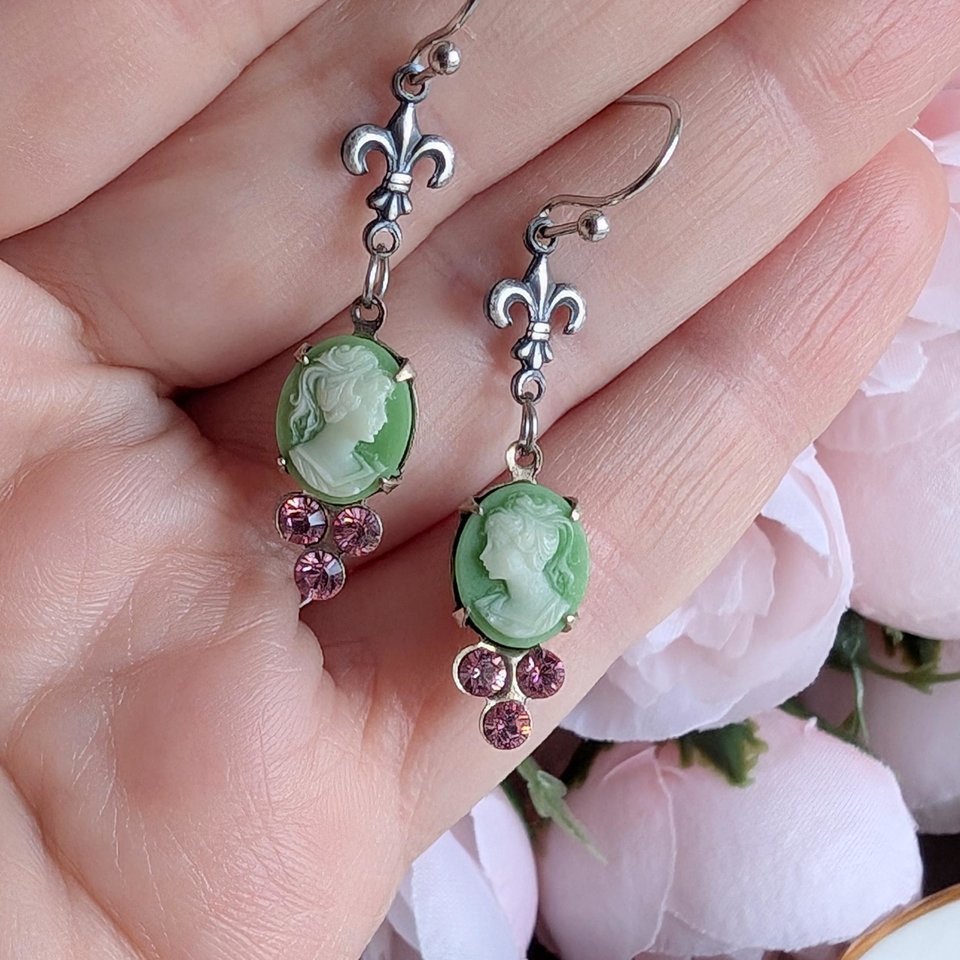 Green Cameo Earrings with Fleur de Lis and Pink Crystals, Vintage Style Jewelry Gift