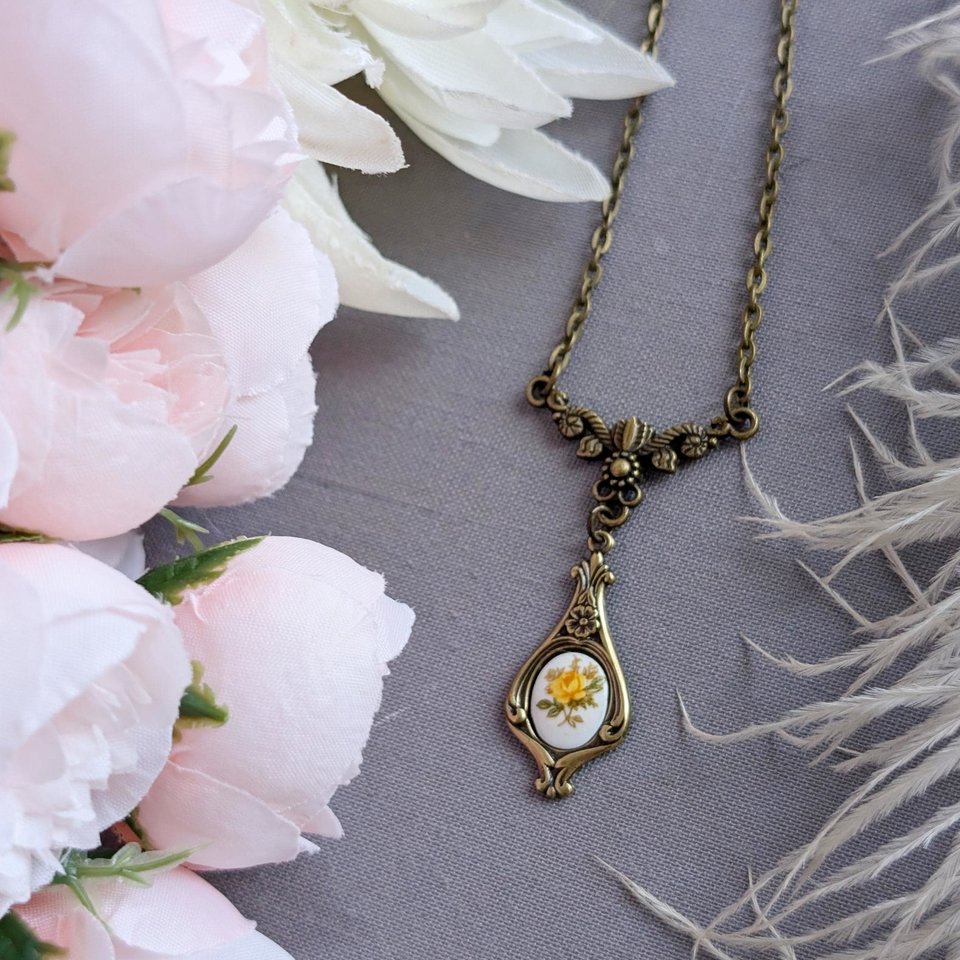 Regency Rose Necklace: Antiqued Bronze Tulip, Yellow Floral Cabochon