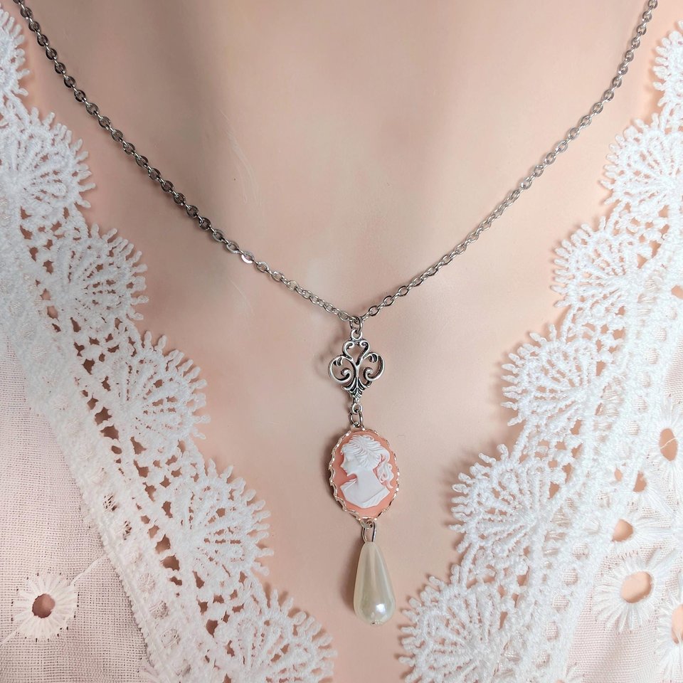 Pink Cameo Necklace: Silver Plated Pendant with Teardrop Pearl