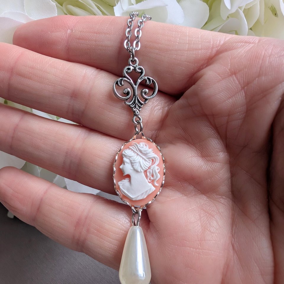 Pink Cameo Necklace: Silver Plated Pendant with Teardrop Pearl