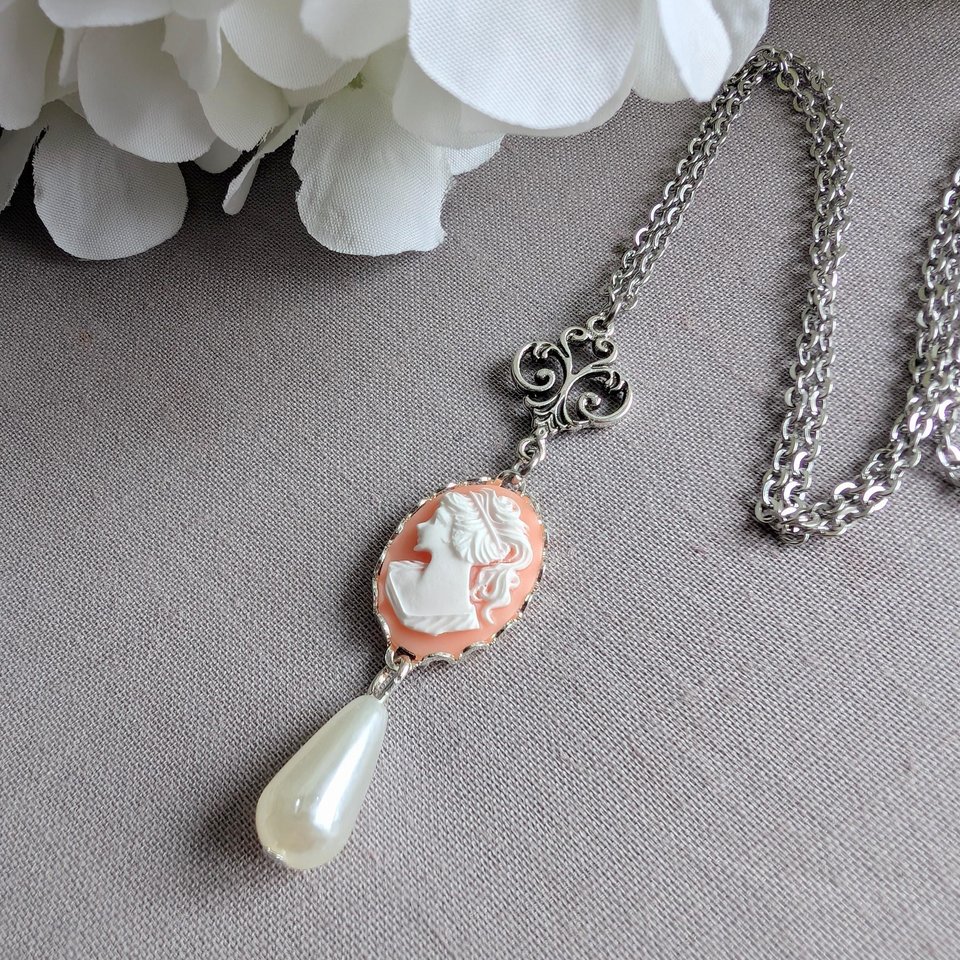 Pink Cameo Necklace: Silver Plated Pendant with Teardrop Pearl