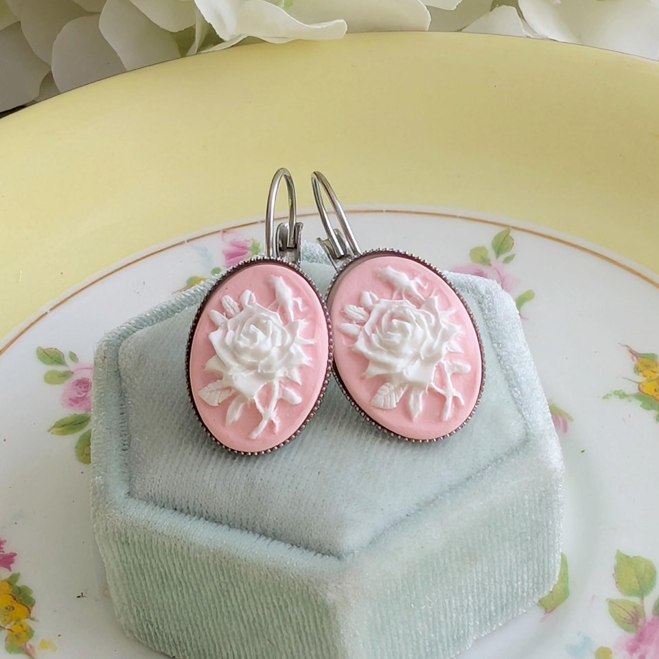 Pink Rose Cameo Leverback Earrings: Victorian Style Floral Jewelry