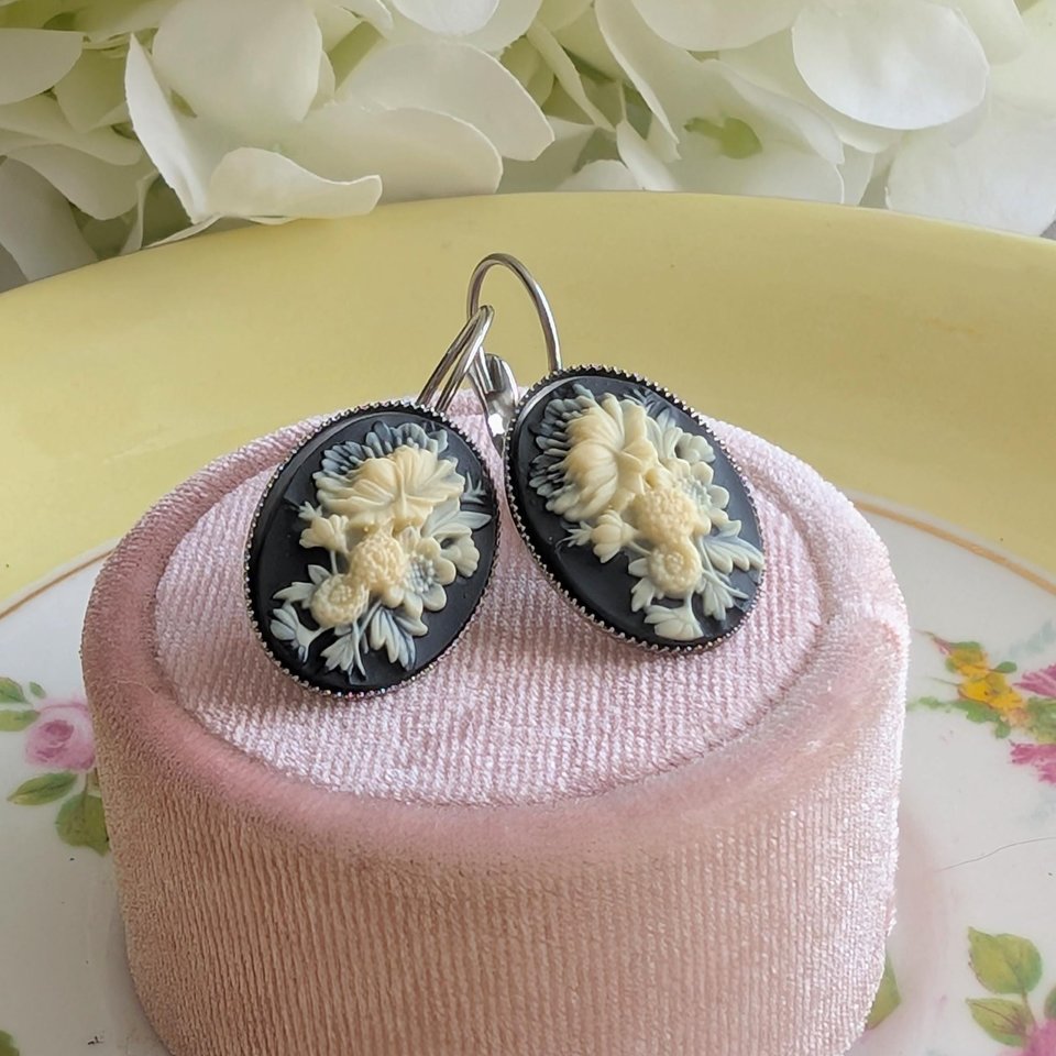 Ivory Flower Cameo Earrings: Black Vintage Gothic Style, Lever Back