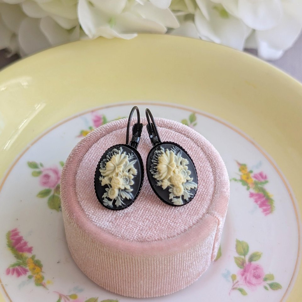 Ivory Flower Cameo Earrings: Black Vintage Gothic Style, Lever Back