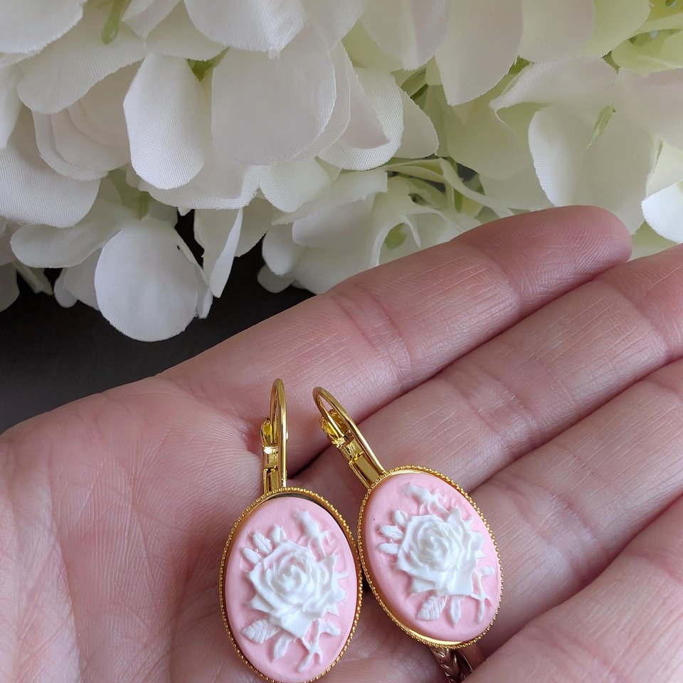 Pink Rose Cameo Leverback Earrings: Victorian Style Floral Jewelry