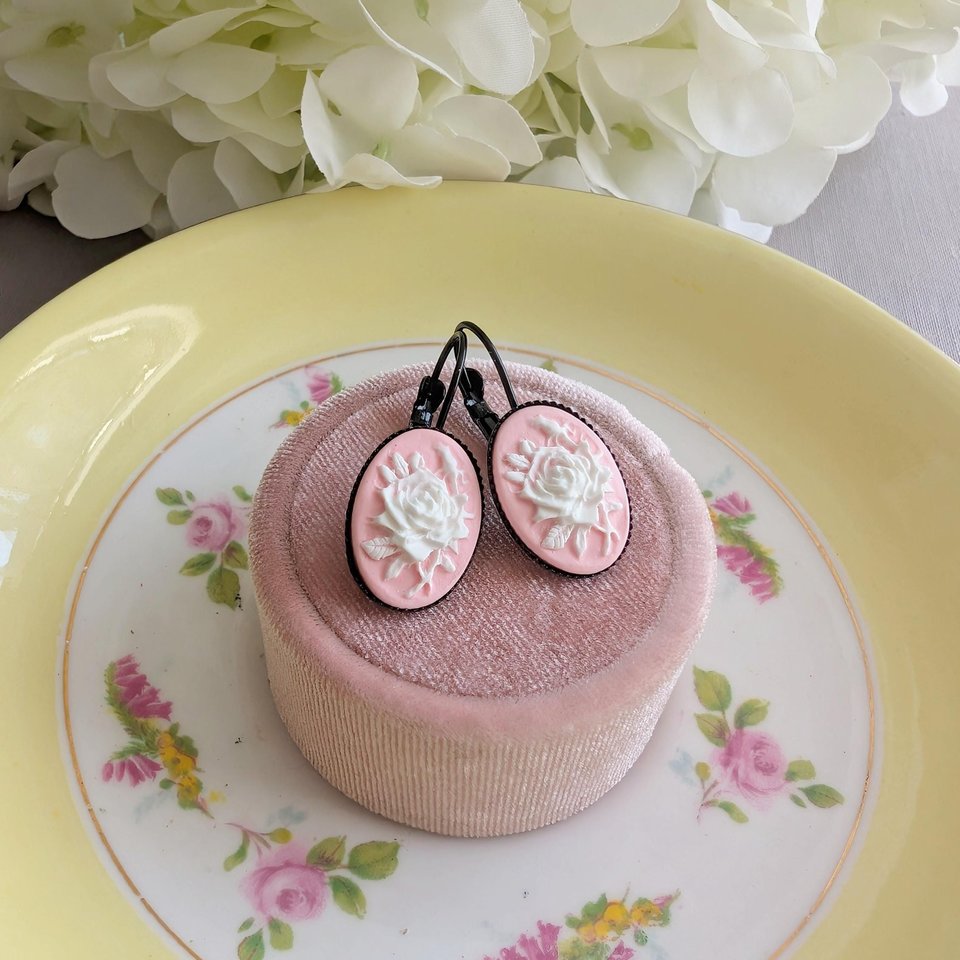 Pink Rose Cameo Leverback Earrings: Victorian Style Floral Jewelry