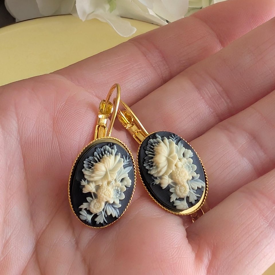 Ivory Flower Cameo Earrings: Black Vintage Gothic Style, Lever Back
