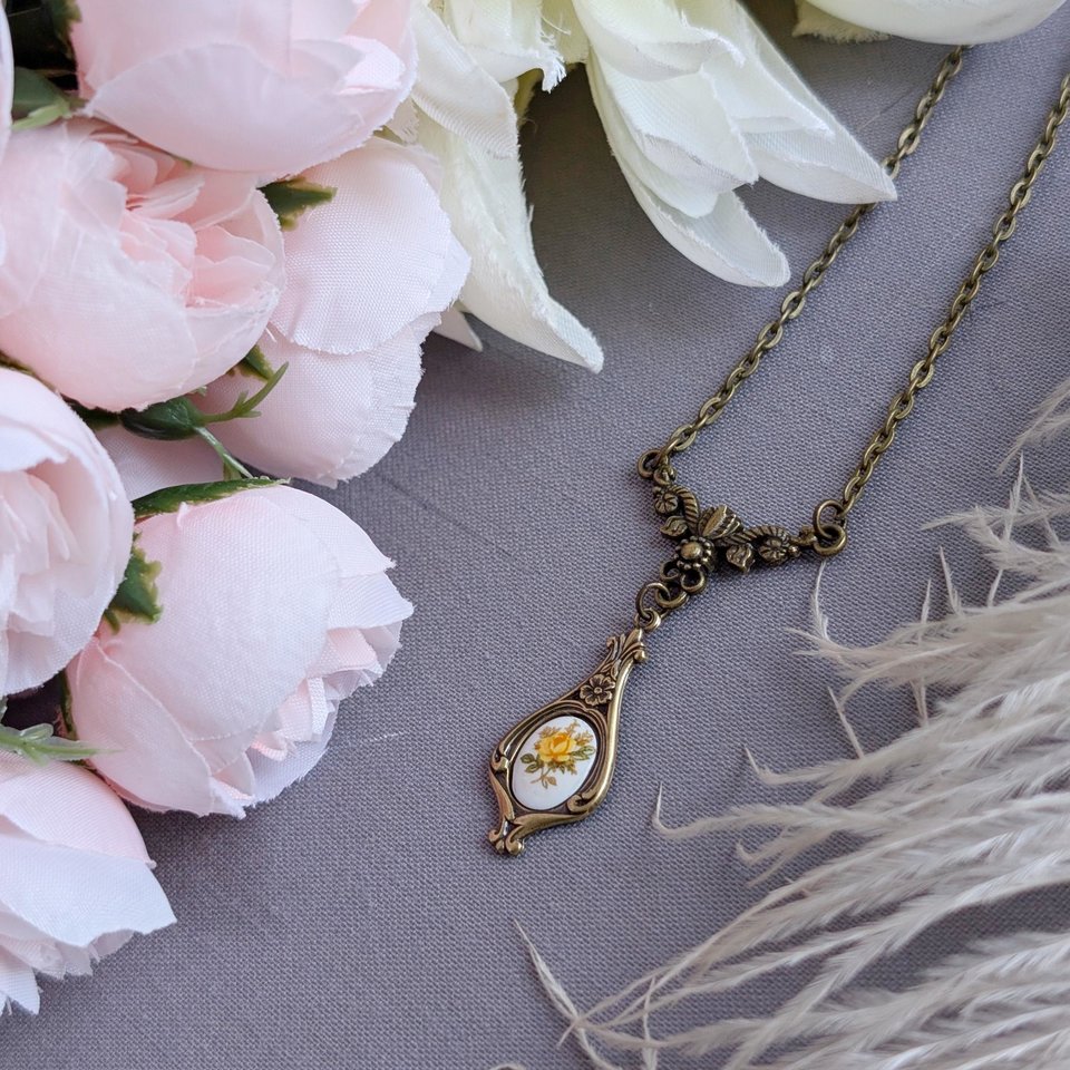 Regency Rose Necklace: Antiqued Bronze Tulip, Yellow Floral Cabochon