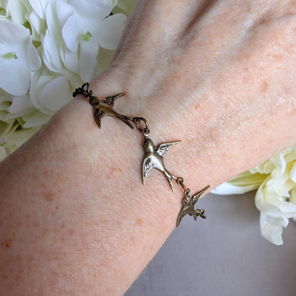 Bronze Swallow Bracelet, Dainty Trio of Flying Birds, Vintage Style Nature Jewelry