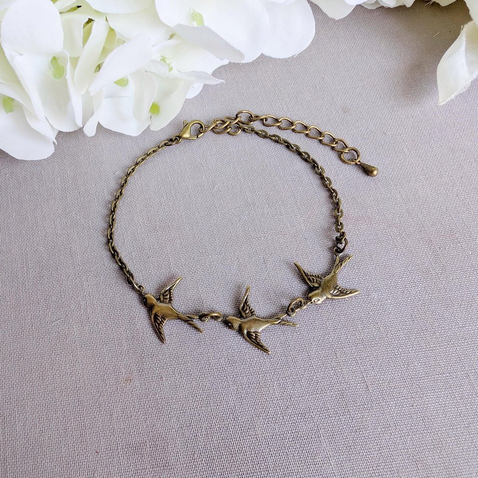 Bronze Swallow Bracelet, Dainty Trio of Flying Birds, Vintage Style Nature Jewelry