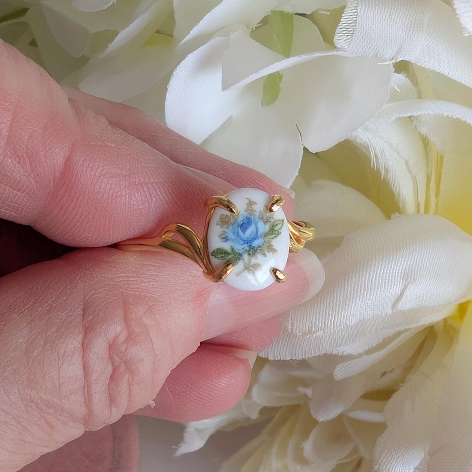 Blue Rose Ring in Gold Vermeil, Vintage Style Sterling Silver Jewelry Gift, Adjustable Size