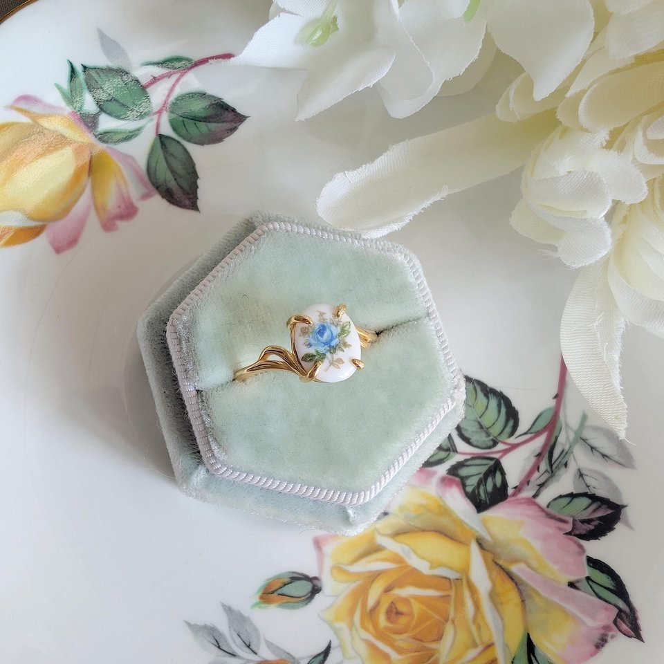 Blue Rose Ring in Gold Vermeil, Vintage Style Sterling Silver Jewelry Gift, Adjustable Size