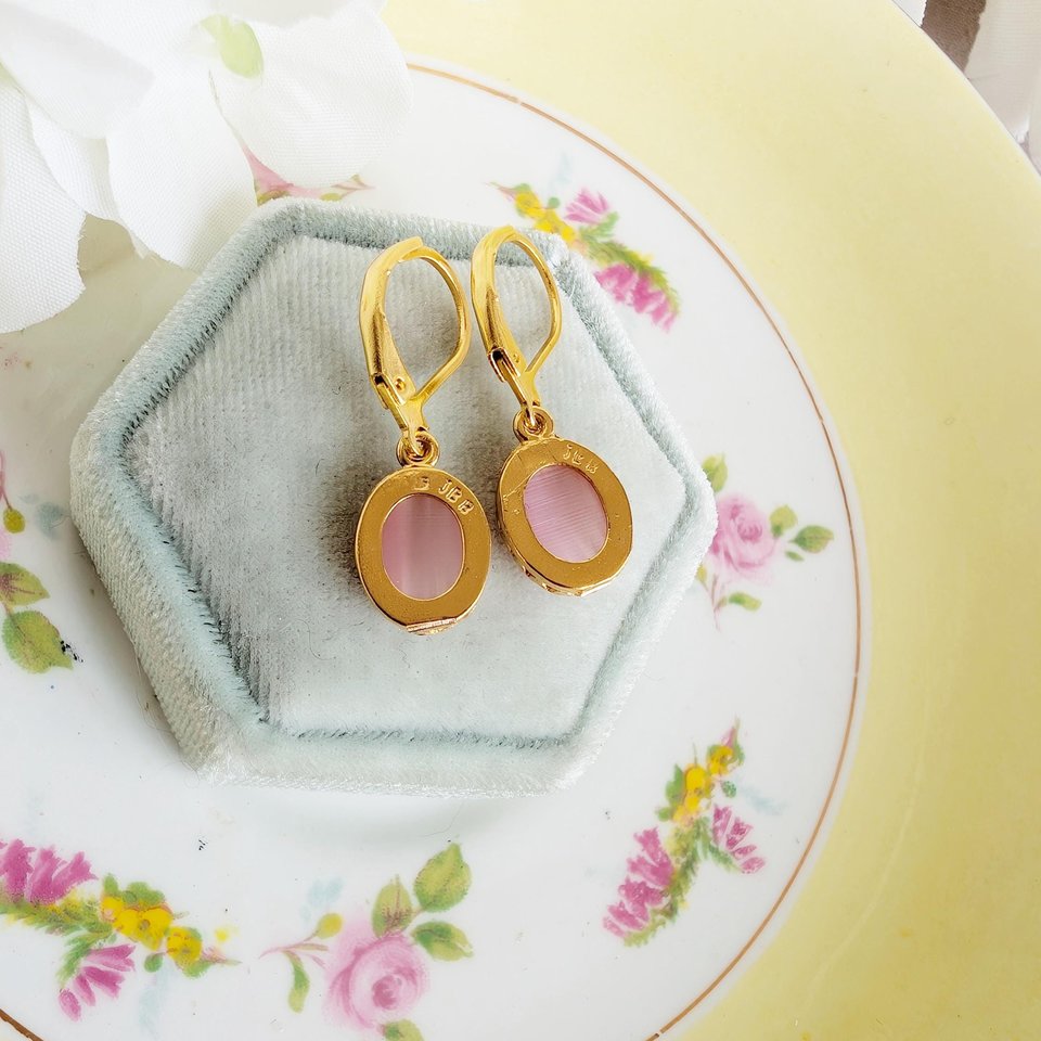 Gold Plated Crown Bezel Earrings with Pink Cat’s Eye Stones, Elegant Vintage Inspired Jewelry