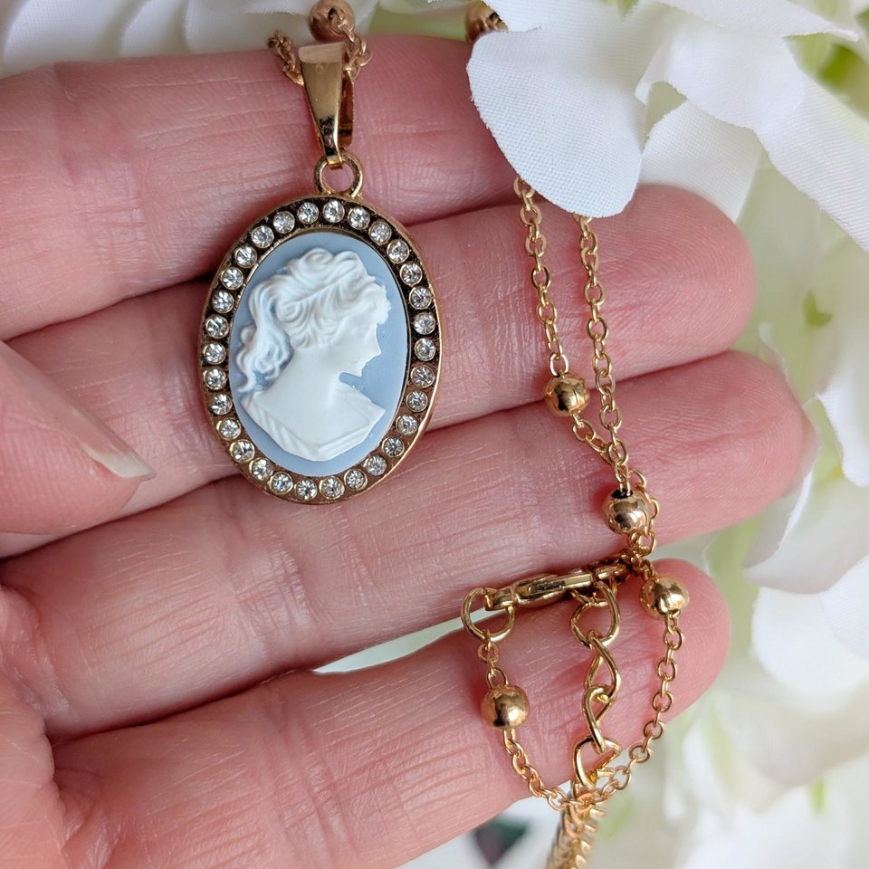 Gold Plated Cameo Necklace: Cubic Zirconia Halo, White on Blue Victorian Lady Pendant