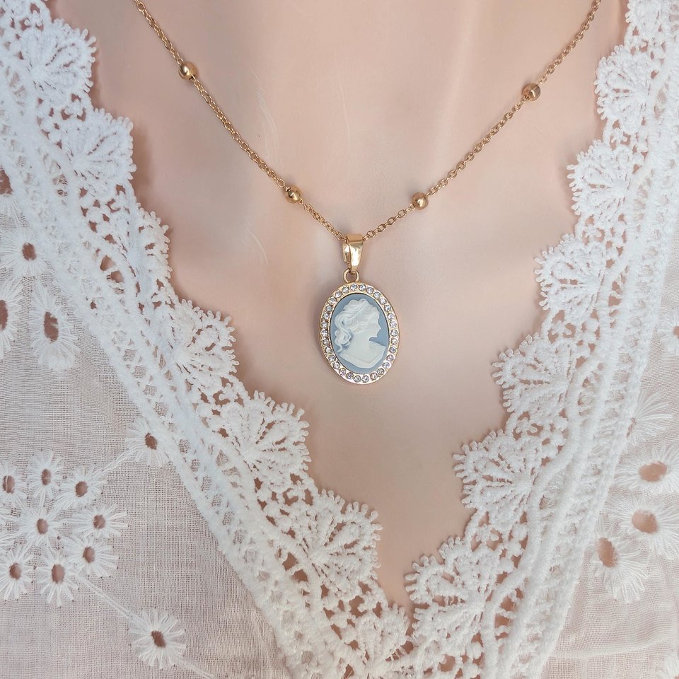 Gold Plated Cameo Necklace: Cubic Zirconia Halo, White on Blue Victorian Lady Pendant