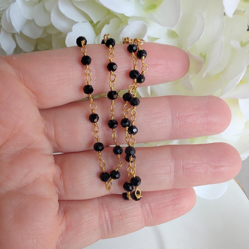 Black Beaded Rosary Chain Choker Necklace, Golden Brass Vintage Style Jewelry