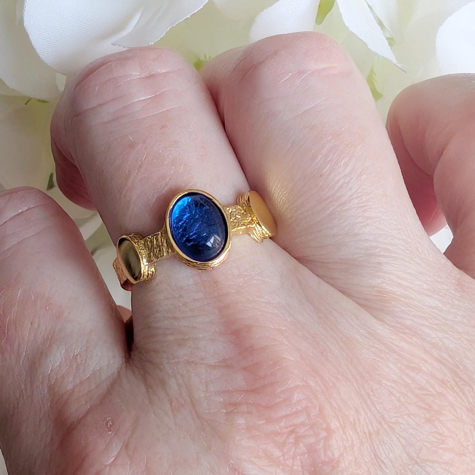 Antique Style Blue Cabochon Ring, Gold Plated Brass Adjustable, Vintage Inspired Statement Jewelry Gift