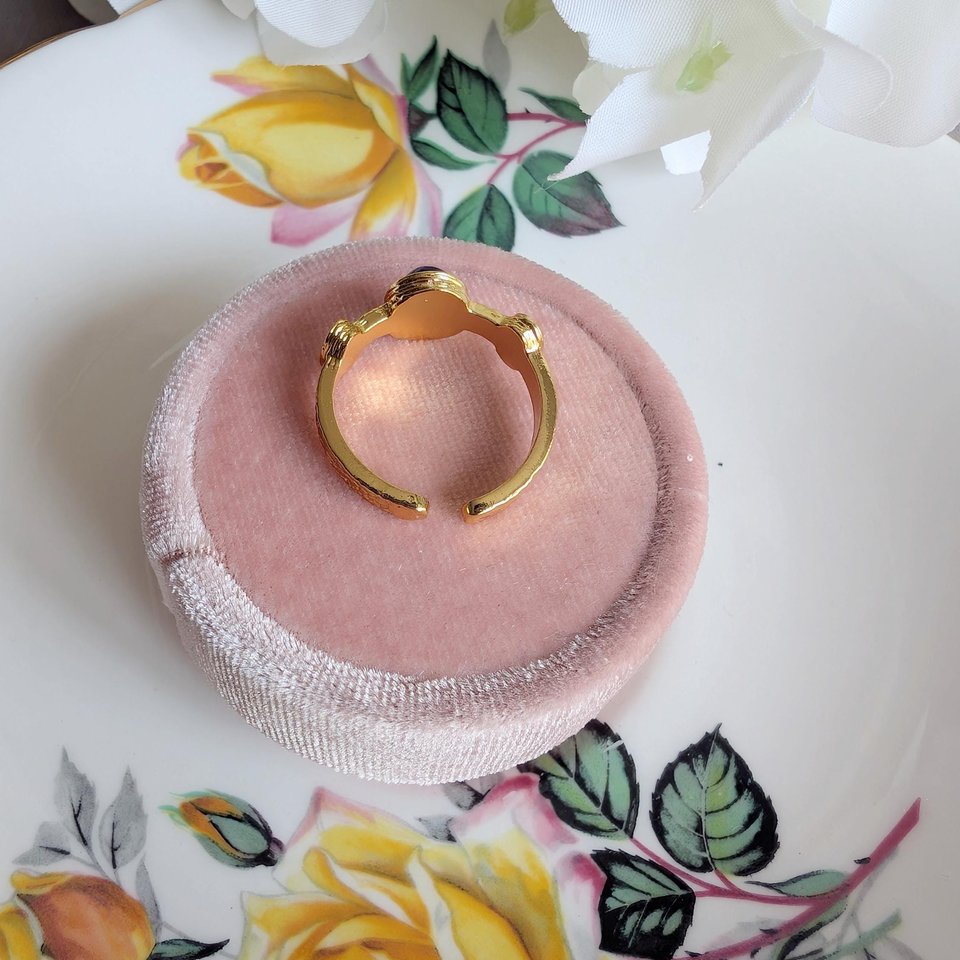 Antique Style Blue Cabochon Ring, Gold Plated Brass Adjustable, Vintage Inspired Statement Jewelry Gift