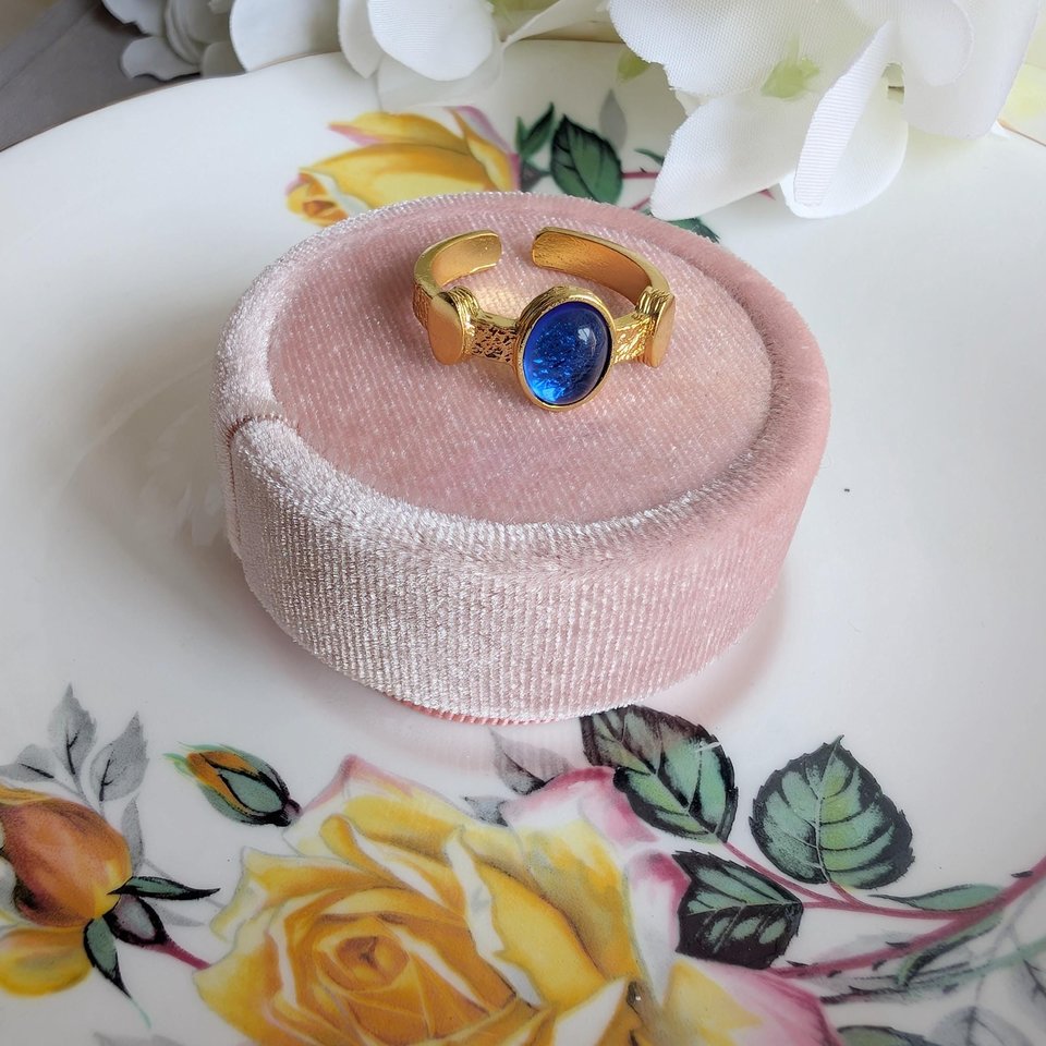 Antique Style Blue Cabochon Ring, Gold Plated Brass Adjustable, Vintage Inspired Statement Jewelry Gift