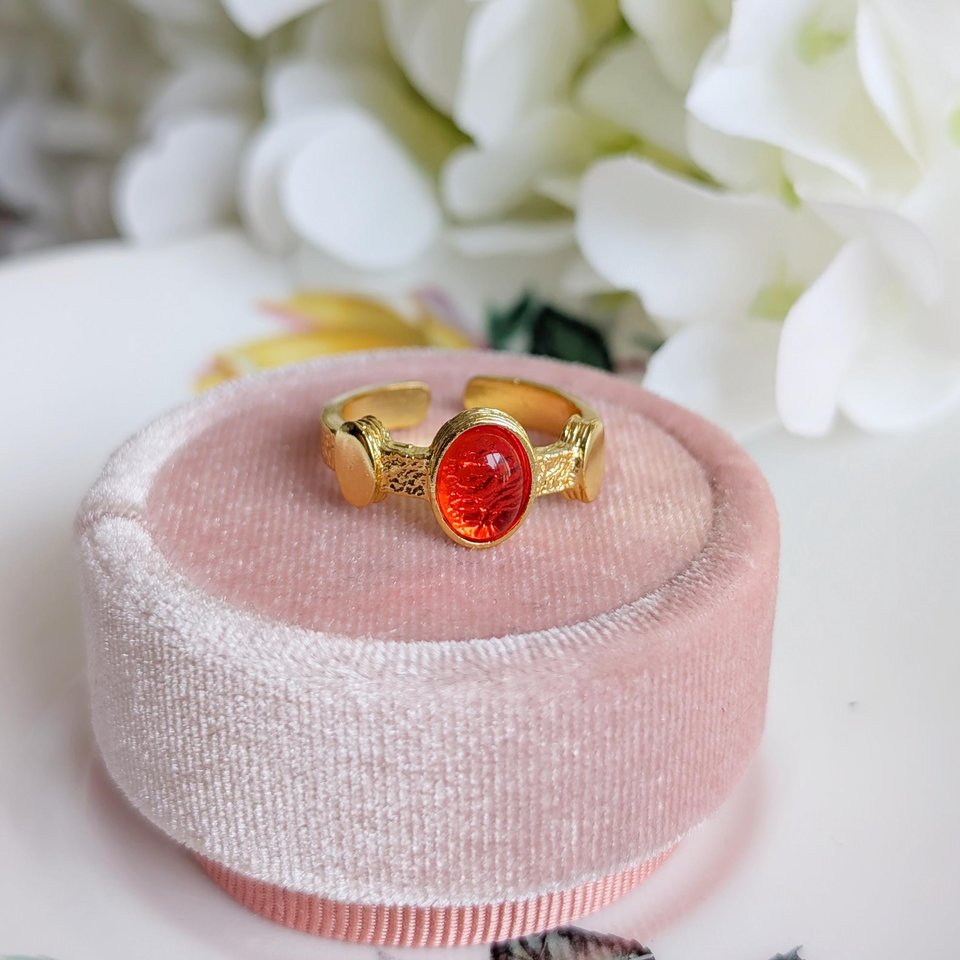 Antique Style Blue Cabochon Ring, Gold Plated Brass Adjustable, Vintage Inspired Statement Jewelry Gift