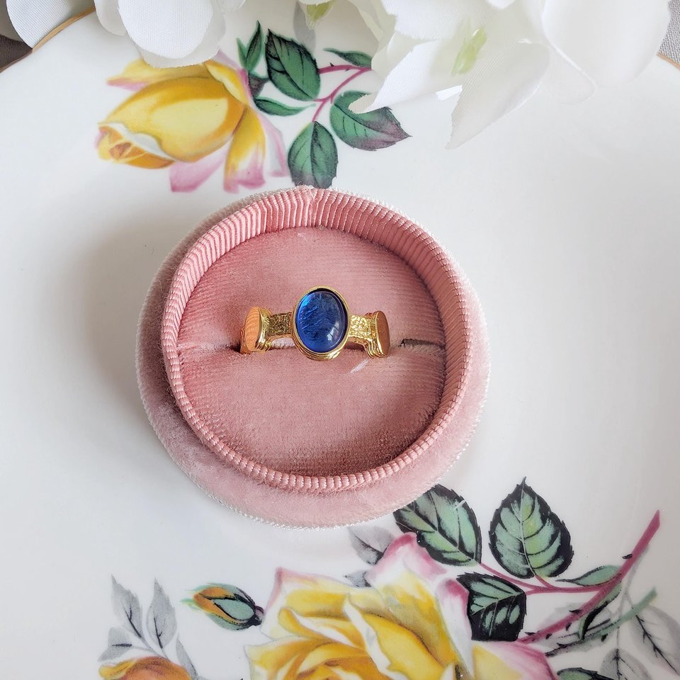 Antique Style Blue Cabochon Ring, Gold Plated Brass Adjustable, Vintage Inspired Statement Jewelry Gift